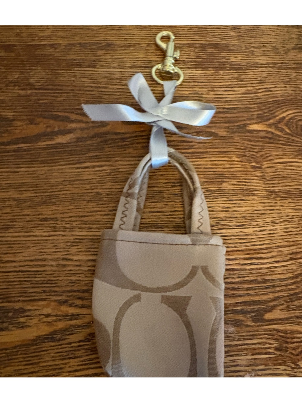 Handmade Mini Tote Bag Charm Made W/ Repurposed COACH bags Tan Gold 5x2.5”